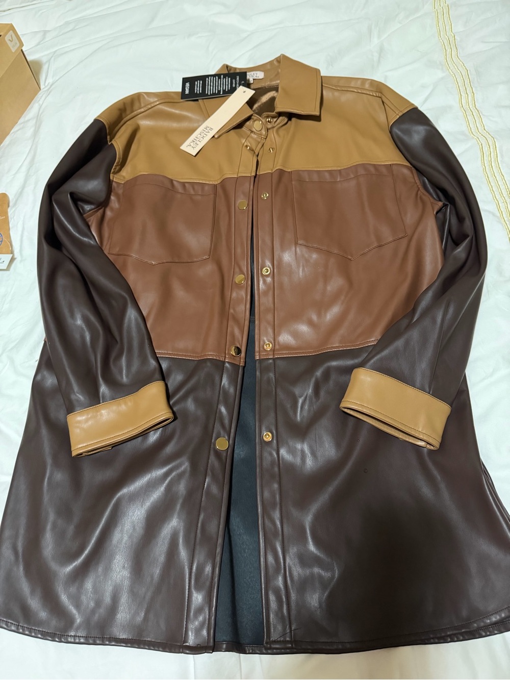 Badgley Mischka Three-Tone Brown & Tan Leather Coat